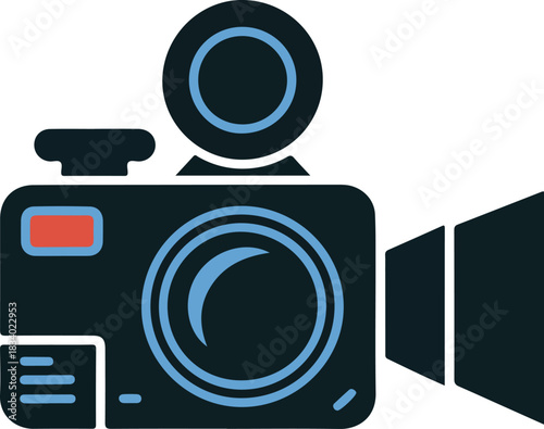 Professional vector video camera icon with lens and viewfinder for cinema and movie making applications