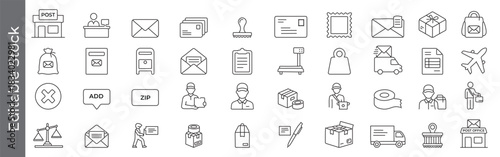 Postal service and delivery line icon set – editable outline symbols of post office, mail, package, stamp, courier and shipping