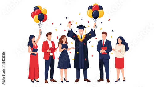 Vector illustration of a successful graduate celebrating with a supportive group, symbolizing academic achievement and future career goals