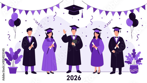 A joyful group of graduates from the class of 2026 holding diplomas during their commencement ceremony