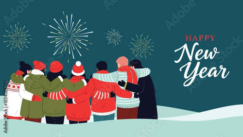 Rear view of friends hugging and watching fireworks for the New Year 2026 celebration. A festive winter scene of togetherness and joy