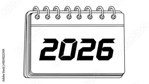 Minimalist vector icon of a flip calendar showing the year 2026. Black and white line art illustration for date, schedule, planner, and new year concepts