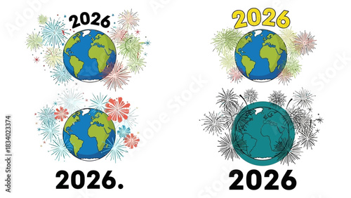 A collection of four vector illustrations for the New Year 2026, showing the Earth globe with a festive fireworks display