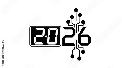 The year 2026 depicted with a high-tech digital font and a circuit board motif. Abstract symbol for future technology and innovation