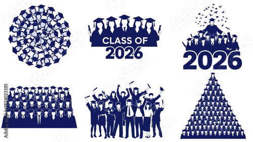 Vector collection of six graduation designs for the class of 2026, showing graduates celebrating in various group formations