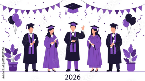 Class of 2026 graduation ceremony with happy students in purple academic gowns and caps. Vector illustration concept