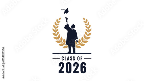 Class of 2026 graduation logo with a graduate silhouette tossing a cap, framed by a golden laurel wreath. Vector design for academic achievement