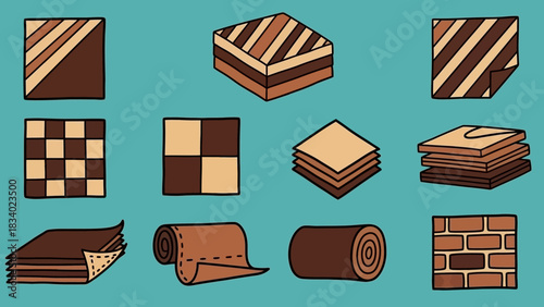 Hand-drawn vector collection of interior design elements featuring various flooring tiles, linoleum rolls, and brick wall textures