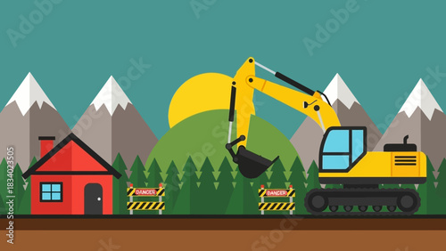 Yellow excavator at a construction site for roadwork and new home development in a mountain valley landscape