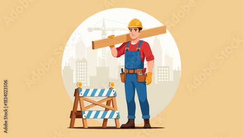 Professional builder in a hard hat and overalls holding a wood beam with a city skyline in the background