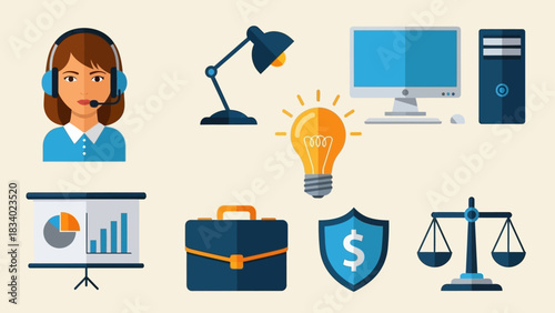 A collection of modern flat design icons representing key business concepts including customer service, financial security, and legal counsel