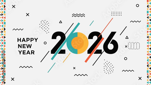 Happy New Year 2026 greeting card with modern geometric Memphis style design. Vector illustration for celebration