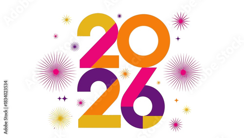 Festive 2026 New Year greeting card design featuring colorful typography and celebratory fireworks on a white background