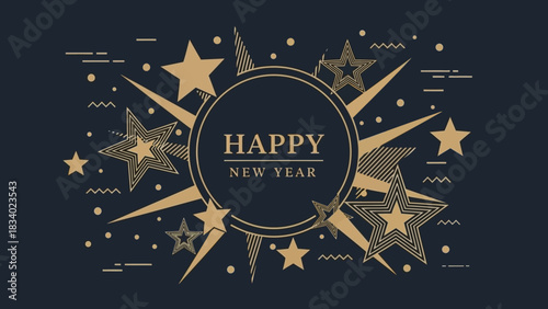Modern geometric Happy New Year 2026 greeting card with a golden starburst explosion on a dark blue background. Abstract festive vector