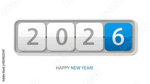 New Year 2026 countdown with a flip number counter display. Festive mechanical scoreboard illustration for a happy holiday celebration
