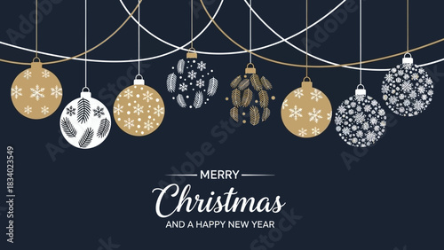 Festive holiday banner with decorative hanging Christmas ornaments in gold and silver, wishing a Merry Christmas and a Happy New Year 2026