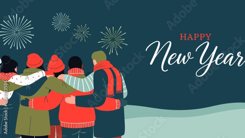 Friends gather to watch a firework display, celebrating the arrival of the New Year 2026 with hope and togetherness