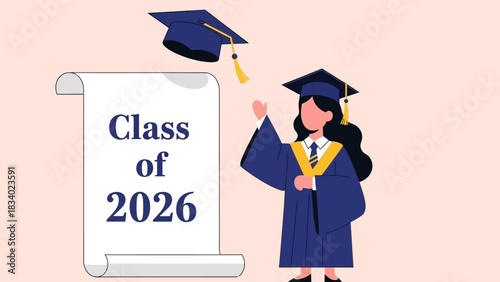 Happy graduate student in academic dress celebrating the 2026 commencement ceremony. Flat vector illustration with diploma and tossing cap