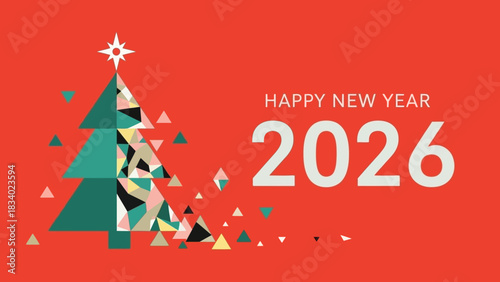 Festive greeting for the New Year 2026 featuring a stylish geometric Christmas tree design
