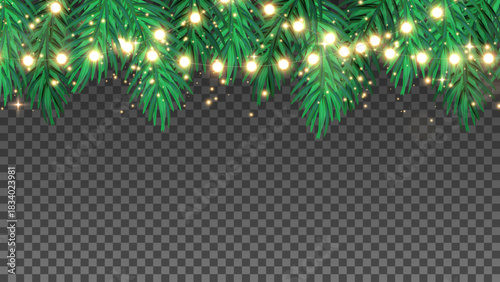 Festive frame with coniferous greenery and glowing Christmas lights, vector design on transparent background.