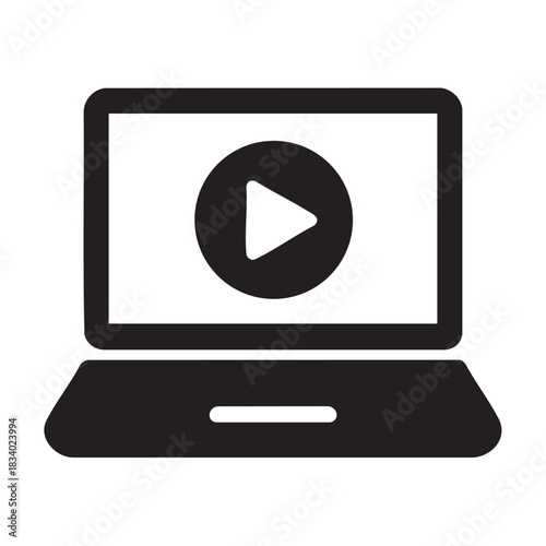 Black laptop icon displaying digital movies on the screen, streaming media content