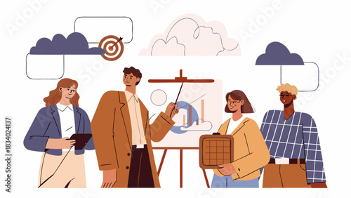 Group of people in a business meeting with a presentation board and cloud icons overhead and target