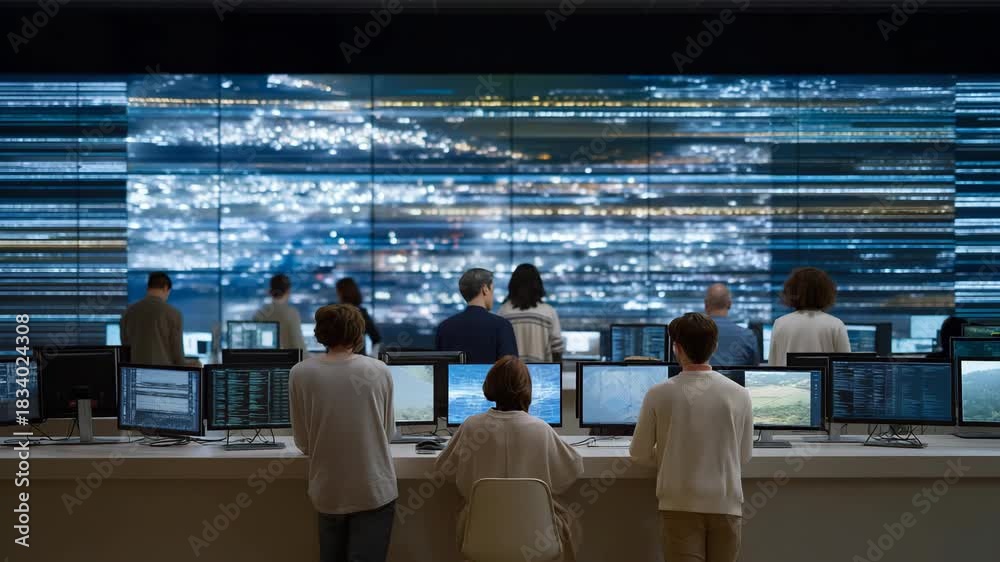 A large wall display in a tech command center showing flowing lines of ...