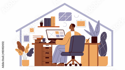 Illustration of a person working at a computer desk inside a house with plants and office supplies around the room