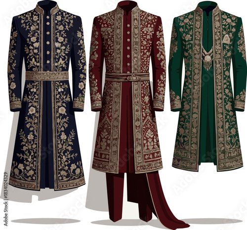 Create a various designs of wedding Sherwani vector art with a white background.