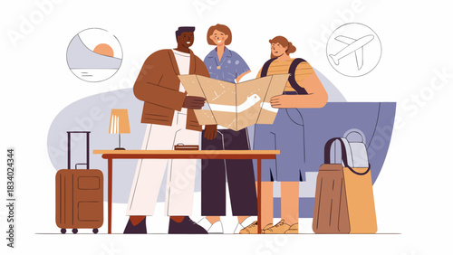 Group of friends planning a trip together looking at a map with luggage and travel icons around them