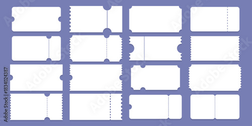 Set of white empty ticket mockups. Concert, festival event, movie theater coupon.
