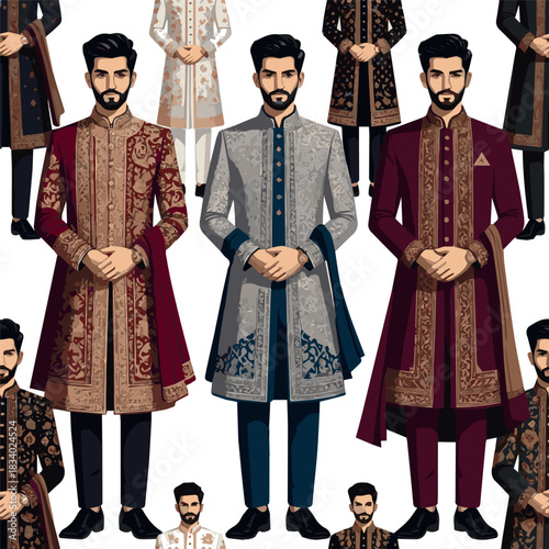 Create a various designs of wedding Sherwani vector art with a white background.