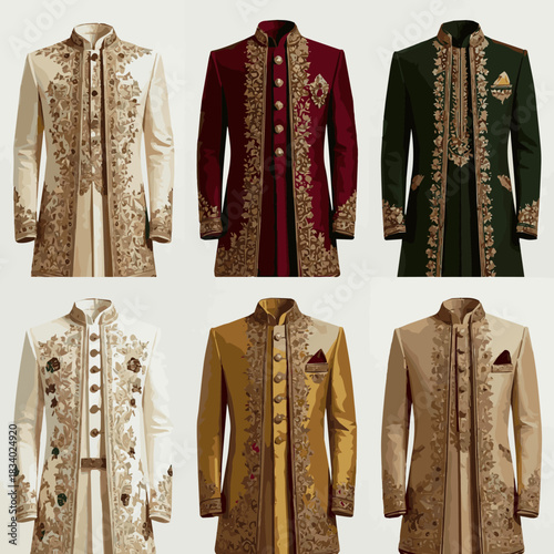 Create a various designs of wedding Sherwani vector art with a white background.