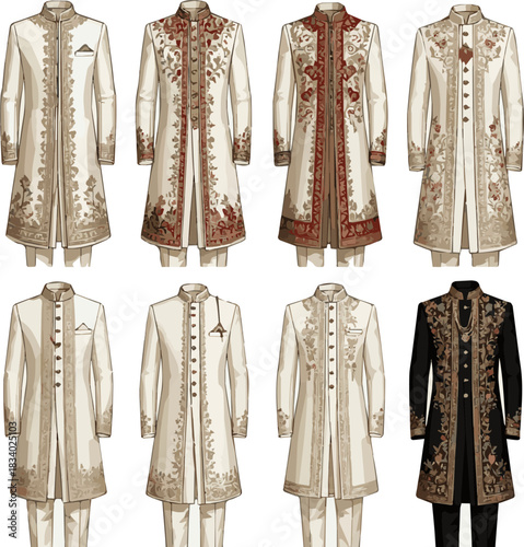 Create a various designs of wedding Sherwani vector art with a white background.