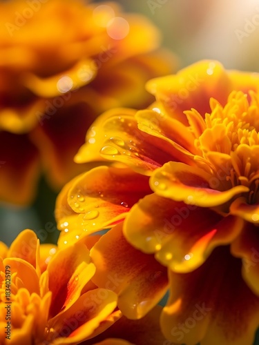 Vibrant marigold blossoms adorned with morning dew, floral brilliance