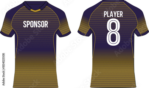 Sports jersey t shirt design concept vector template, Purple and Gold halftone Cricket jersey concept with front and back view