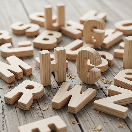 Wooden alphabet blocks create a textured wordscape on a gray planks table