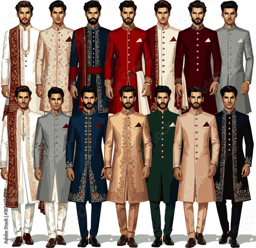 Create a various designs of wedding Sherwani vector art with a white background.