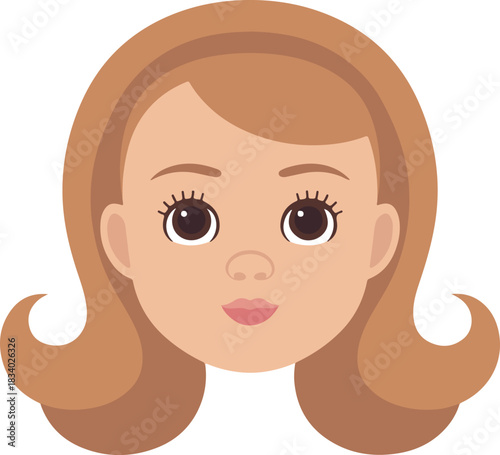 Smiling cartoon female face vector graphic featuring brown hair and eyes in an upside down headshot portrait