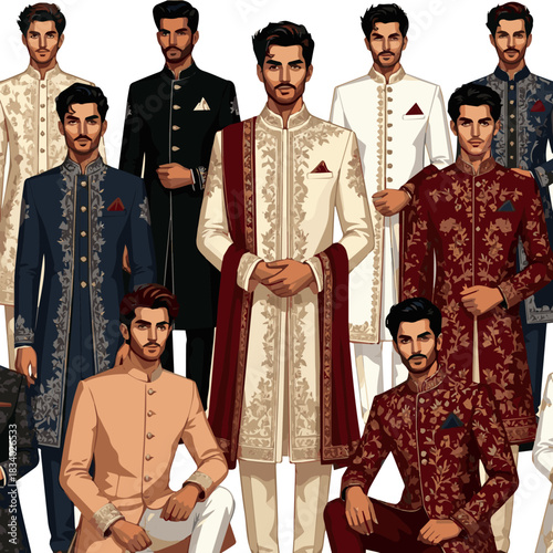 Create a various designs of wedding Sherwani vector art with a white background.