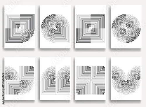 Geometric posters set with concentric lines- modern geometric circles, semicircles , triangles pattern created with thick and bold dynamic lines for modern design. Shapes for posters and branding. 