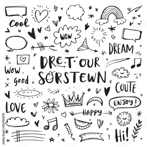  Black Doodle Elements Hand-Drawn Collection of Fun, Cute, and Decorative Sketches.