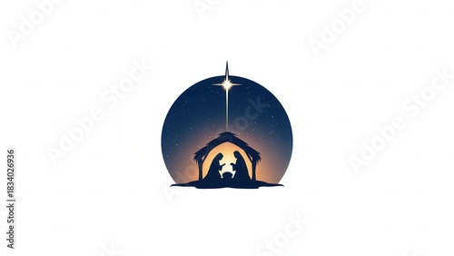 Holy family in stable silhouette under star of representing story christmas nativity bethlehem,