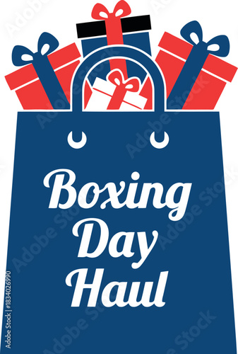 Boxing day haul shopping bag with assorted gift boxes icon illustration for post-christmas sales events, holiday season discounts, and festive retail promotions.