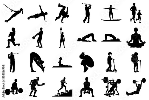 Active Lifestyle and Sports Silhouettes Montage Keywords: fitness, exercise, sport, silhouette