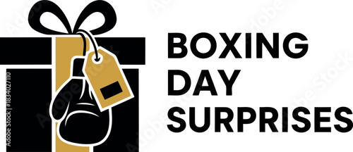 Boxing day surprises vector illustration. holiday gift box with a boxing glove and price tag representing shopping events, post-christmas sales, special offers, and festive discounts