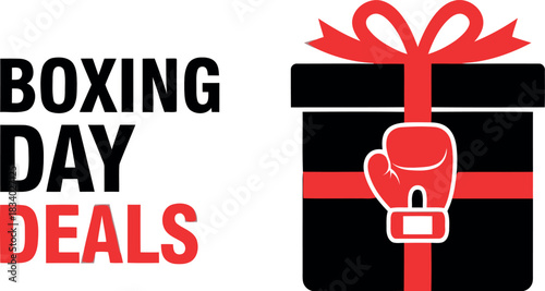 Boxing day deals text illustration with a stylized black gift box, vibrant red ribbon, and boxing glove icon, symbolizing post-christmas holiday shopping promotions, discounts, and sales events.