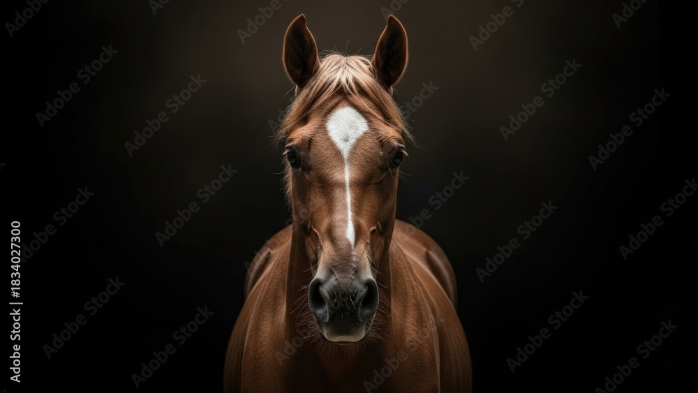 Obraz premium Majestic brown horse stands centered against a dark background, its powerful gaze and unique white blaze creating a striking, elegant studio portrait