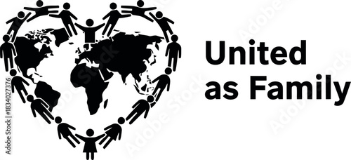 Global unity graphic. world map surrounded by people holding hands in heart shape. symbolizes peace, cooperation, global community, human family, solidarity, international brotherhood.