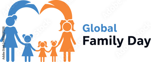 Global family day celebration graphic featuring parents and children figures forming a heart, symbolizing love, unity, and support, perfect for events, holidays, and community themes.